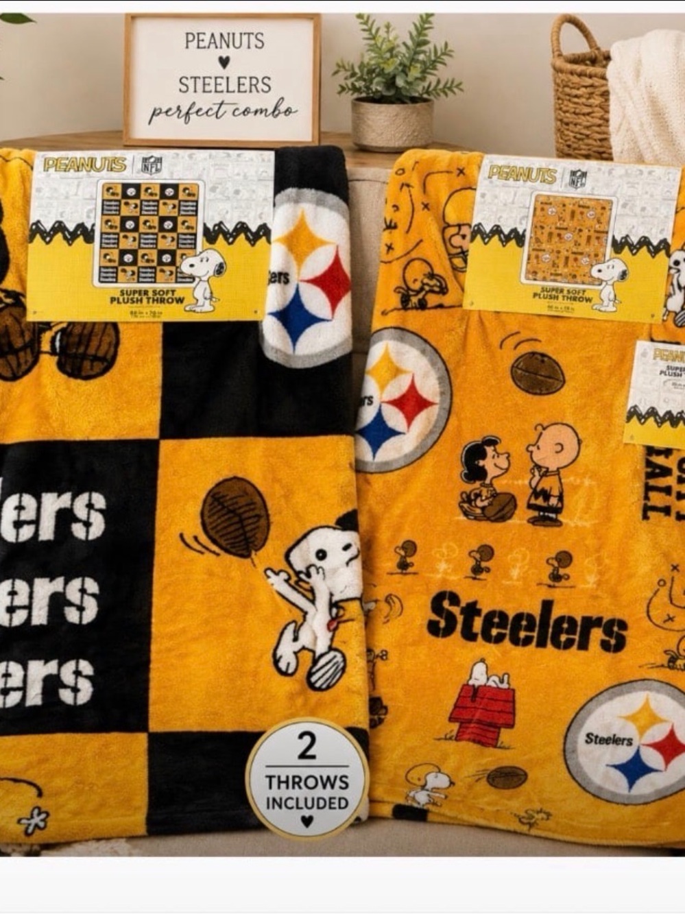 NEW SET of 2 NFL PITTSBURGH Steelers Peanuts SNOOPY PLUSH Throw Blankets VIRAL